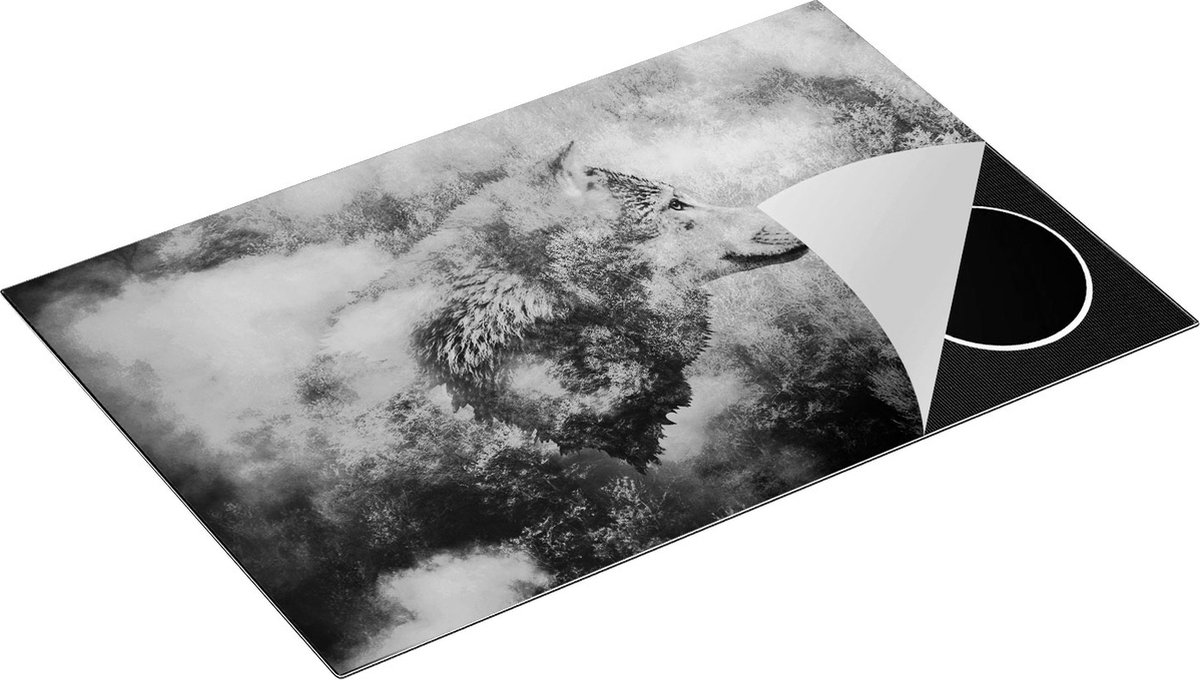 Chefcare Inductie Beschermer Wolvenkop op een Herfstbos - Wolf - Abstract - Zwart Wit - 81,2x52 cm - Afdekplaat Inductie - Kookplaat Beschermer - Inductie Mat