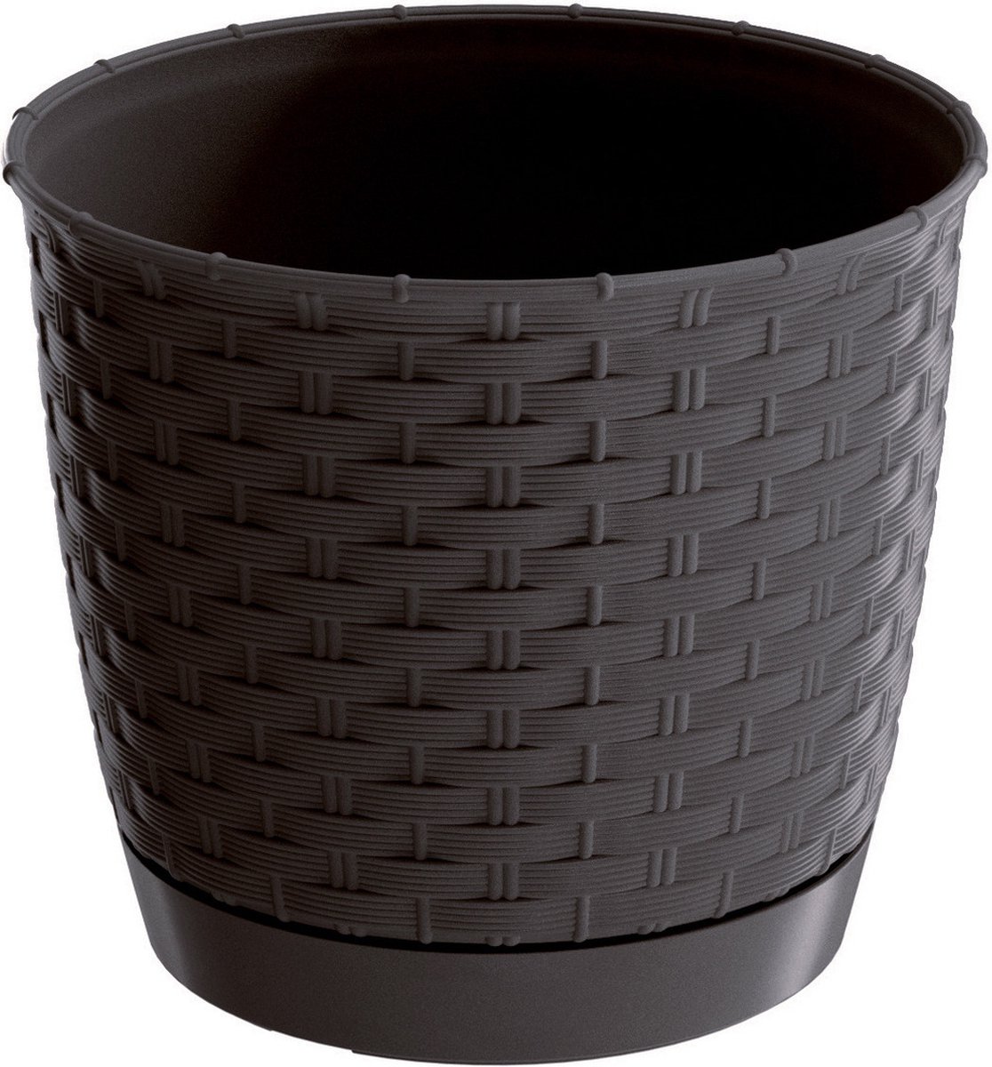 Ronde gevlochten plantenpot/bloempot kunststof dia 19 cm en hoogte 16,5 cm in het donkerbruin