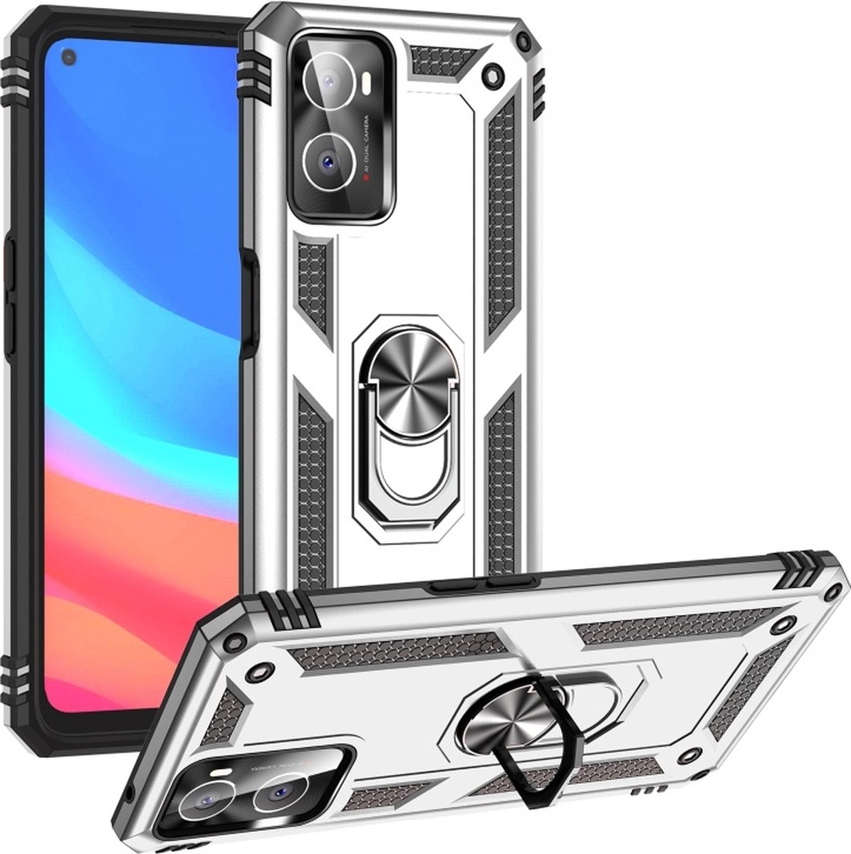 Oppo A76 Hoesje Armor Anti-shock Backcover Zilver - Oppo A76 - Oppo A76 Backcover kickstand Ring houder cover TPU backcover oTronica