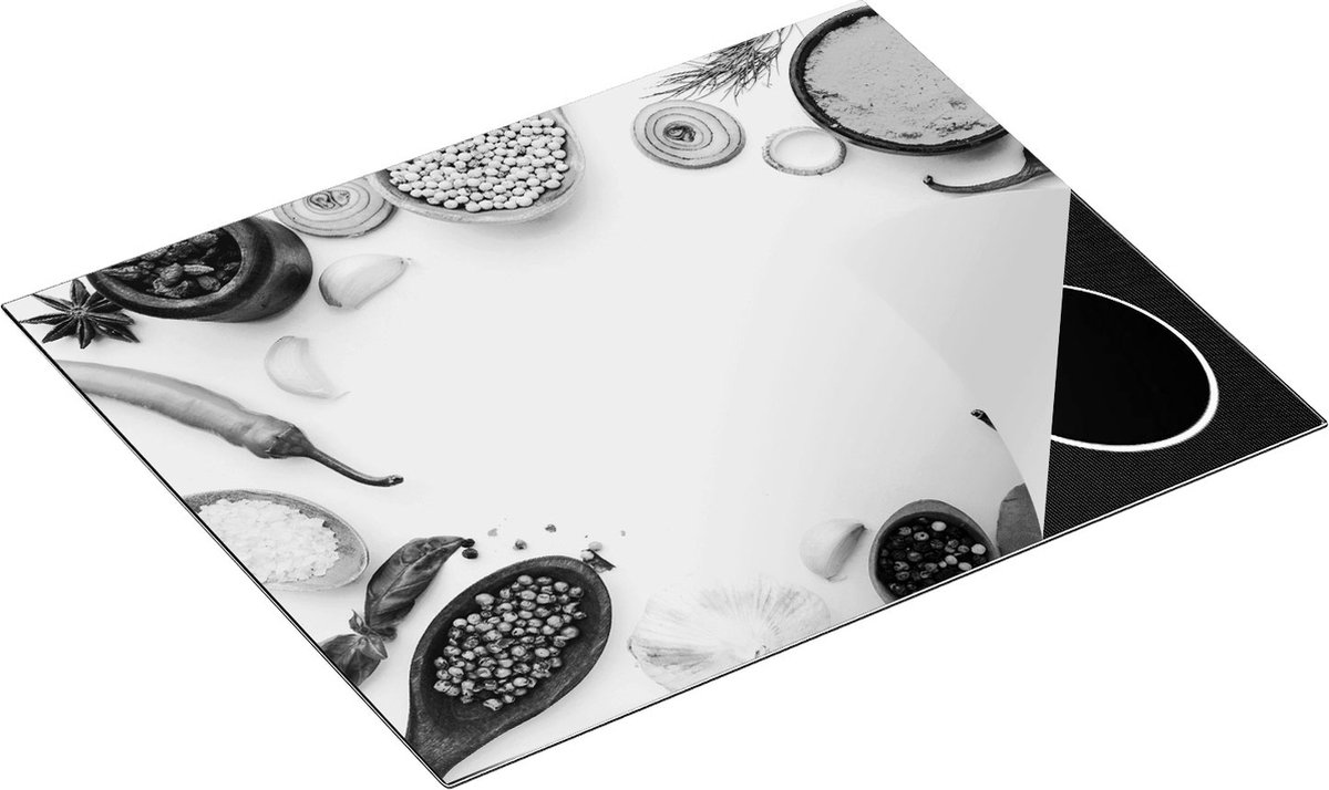 Chefcare Inductie Beschermer Kruiden op een Witte Tafel - Zwart Wit - 65x55 cm - Afdekplaat Inductie - Kookplaat Beschermer - Inductie Mat