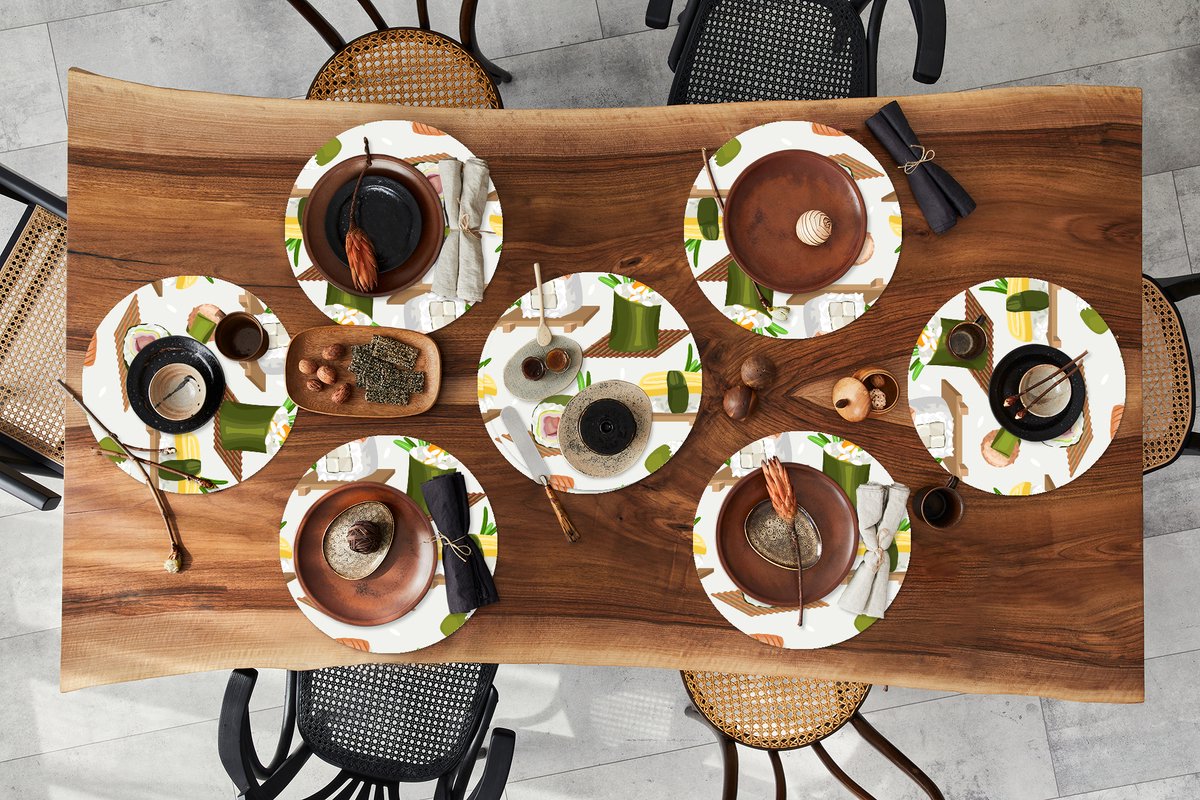 Ronde placemats - Onderlegger - Placemats rond - Sushi - Patronen - Eten - 8 stuks