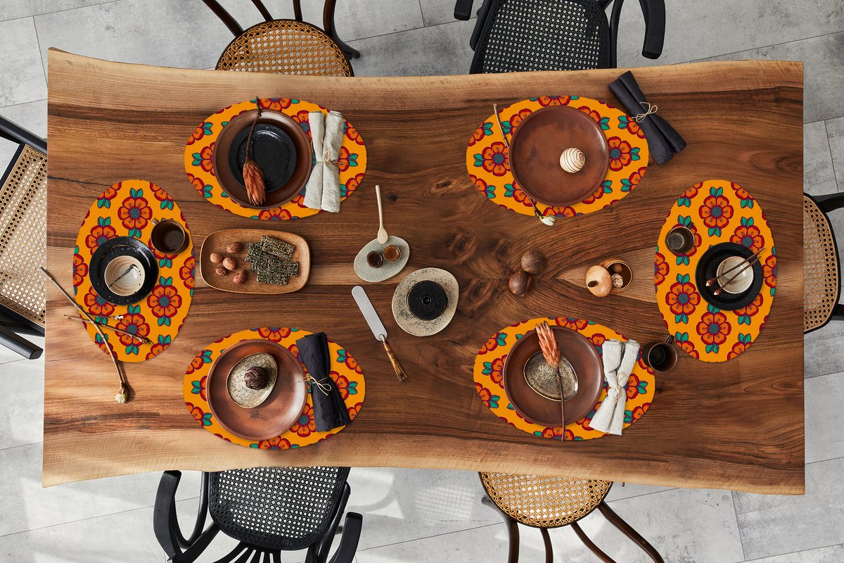 Placemats ovaal - Onderleggers - Ovale placemats - Design - Retro - Rozen - Oranje - 6 stuks