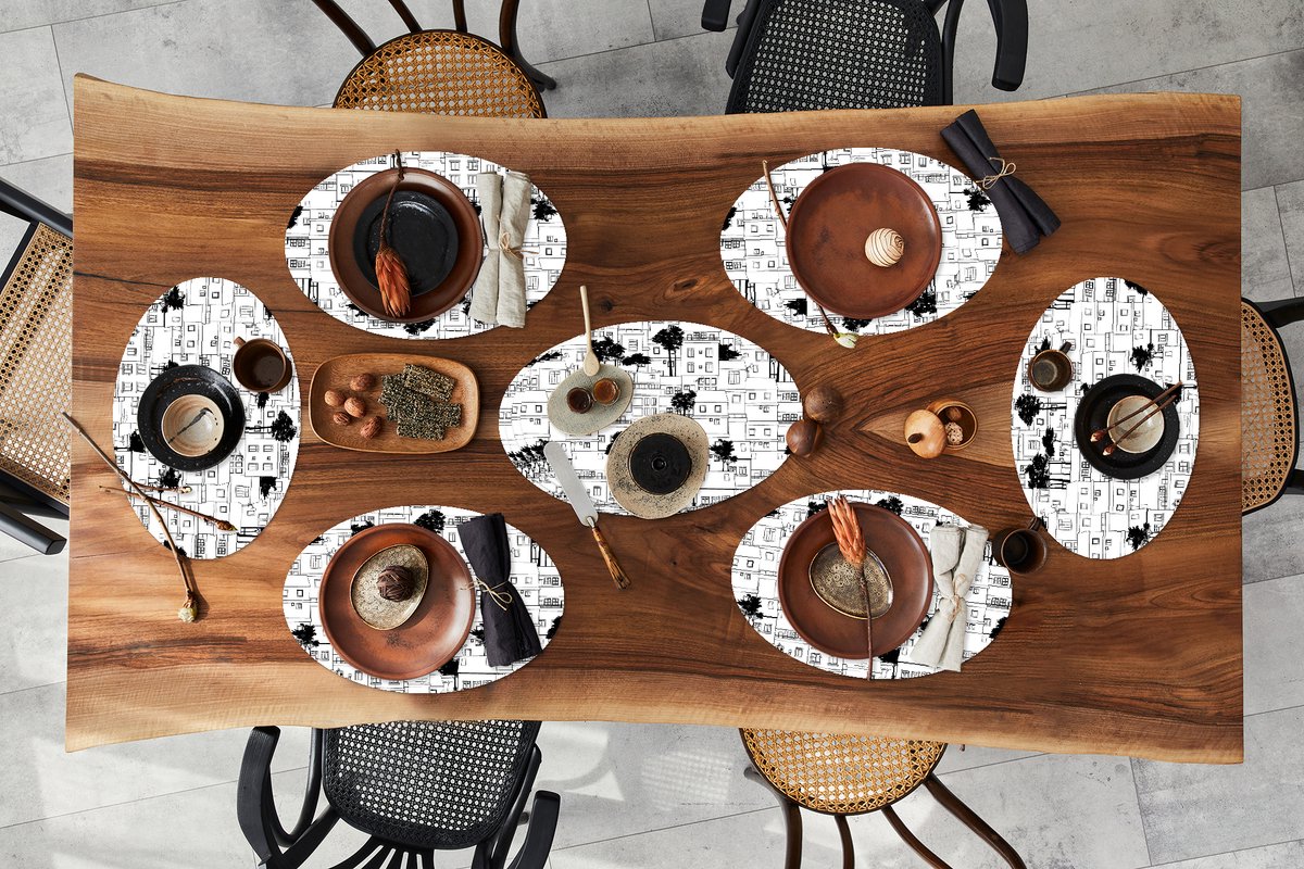Placemats ovaal - Onderleggers - Ovale placemats - Patronen - Bomen - Huis - 10 stuks