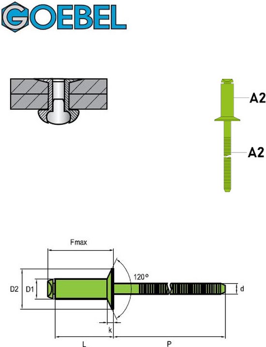 GOEBEL® - 250 x Rivets aveugles 4,8 x 25 mm - Inox A2 / Inox A2 - Tête fraisée - STANDARD - 7035148250 - ISO15984 - Rivet aveugle