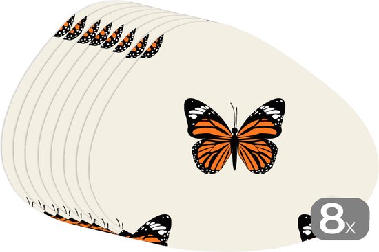 Stapel van 8 crèmekleurige placemats met oranje vlinderprint.