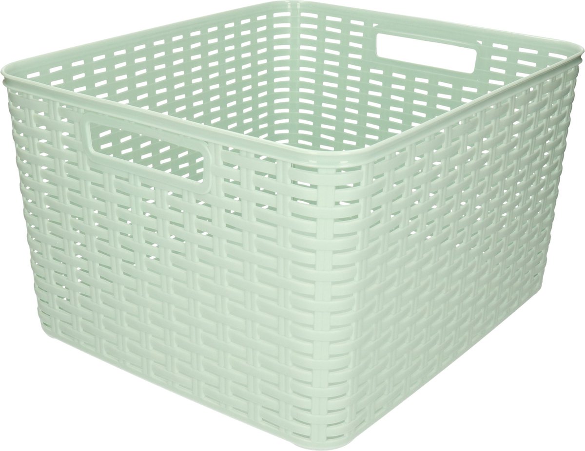 Rotan gevlochten opbergmand/opbergbox kunststof - mintgroen - 34 x 40 x 23 cm - Opbergbox