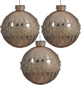 3x Morceaux de boules de Noël en verre de luxe or avec paillettes et pierres 8 cm - Décorations de Décorations de Noël pour arbres de Noël
