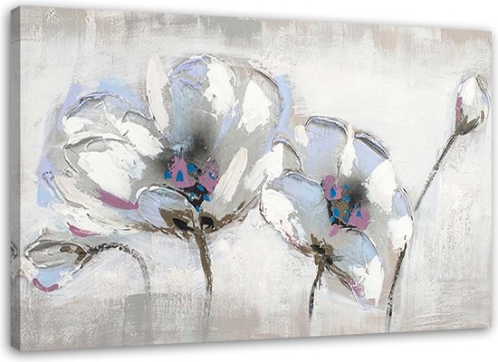Trend24 - Canvas Schilderij - Geschilderde Bloemen In Wit - Schilderijen - Bloemen - 120x80x2 cm - Grijs