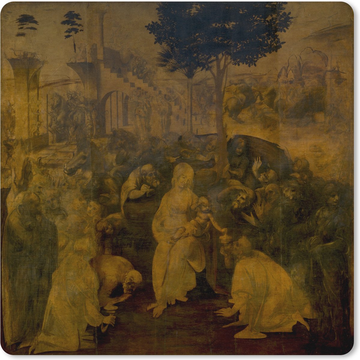 Muismat XXL 50x50 cm - Bureau onderlegger - Bureau mat Aanbidding door de Wijzen - Leonardo da Vinci - Bureaumat - Gaming mousepad xl - Bureaulegger groot - Computer deskmat