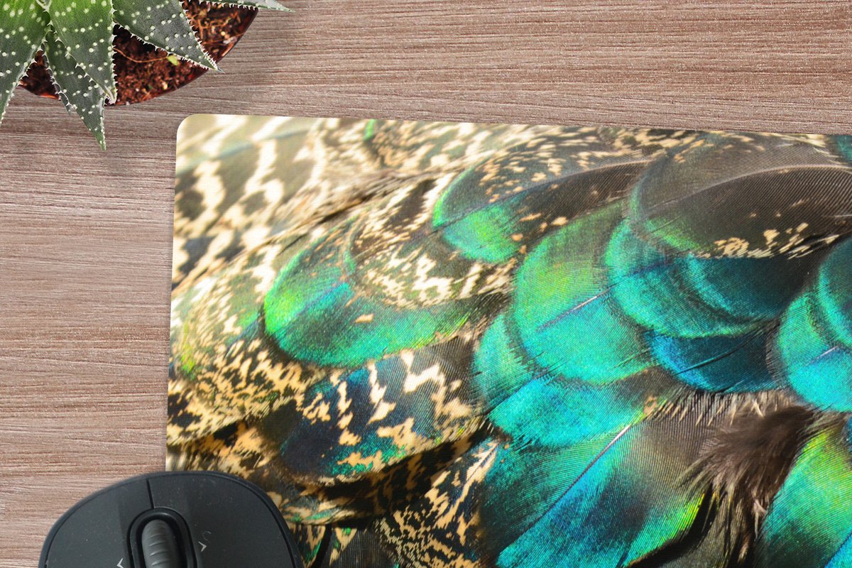 Muismat XXL 80x80 cm - Bureau onderlegger - Bureau mat Veren - Pauwveren - Pauw - Blauw - Kunst - Bureaumat - Gaming mousepad xl - Bureaulegger groot - Computer deskmat