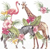 20x Serviettes tropicales 3 épaisseurs animaux du parc safari 33 x 33 cm - Flamingo - Girafe - Zebra