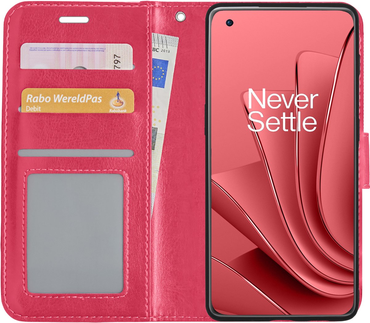 Hoesje - Met Pasjeshouder - Geschikt voor OnePlus 10 Pro - Luxe Bookcase Portemonee - Flip Case - Kunstleer Book Case - Flipcase - Book Cover - Walletcase - Portemonneehoes - Donkerroze