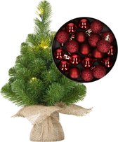 Mini sapin de Noël/sapin artificiel avec éclairage 45 cm et boules de Noël incluses rouge foncé - Décorations de Noël