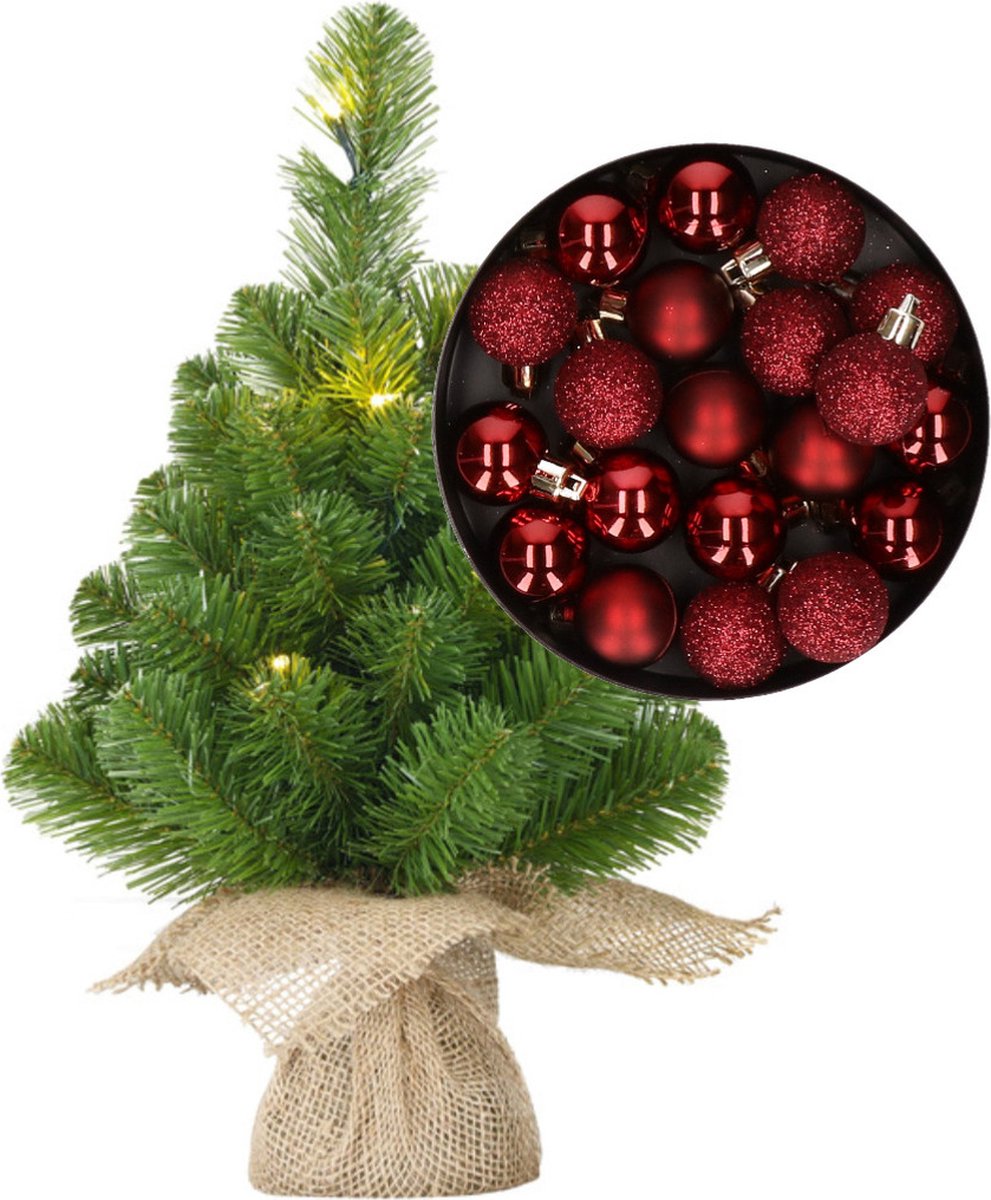 Mini kerstboom/kunstboom met verlichting 45 cm en inclusief kerstballen donkerrood - Kerstversiering