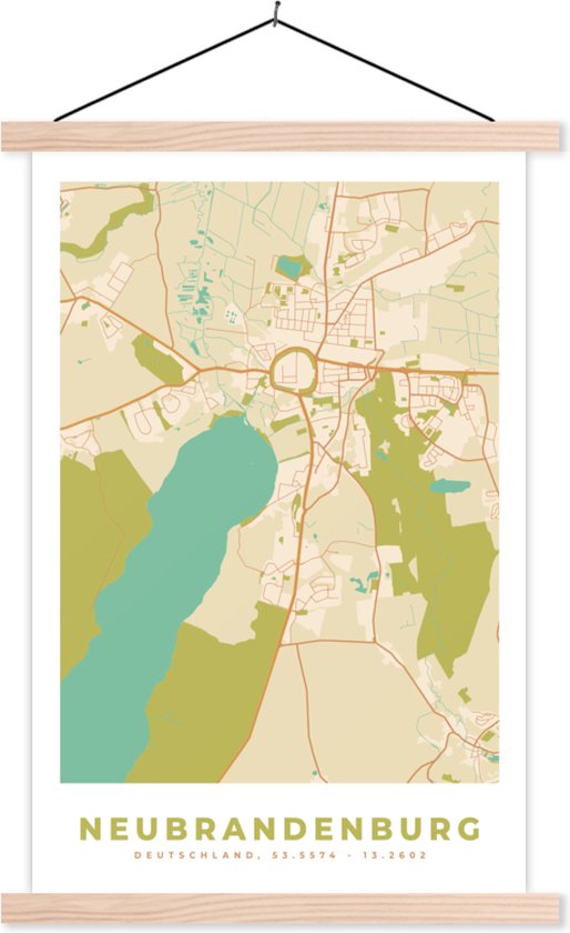 Posterhanger incl. Poster 40x60 cm - Schoolplaat - Kaart - Neubrandenburg - Stadskaart - Plattegrond - Vintage - Textielposter - Blanke latten - Plattegrond