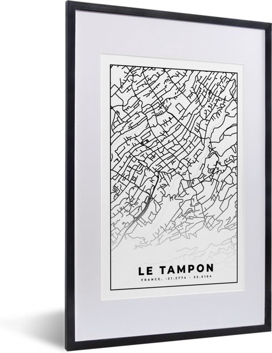 Fotolijst incl. Poster Zwart Wit- Stadskaart - Plattegrond - Kaart - Le Tampon - Frankrijk - Zwart wit - 40x60 cm - Posterlijst