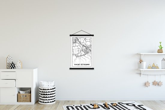 Porte-affiche avec Poster - Affiche scolaire - Plan de la ville - Saint-Étienne - Carte - Carte - France - Zwart et blanc - 60x90 cm - Lattes noires