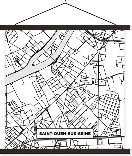 Porte-affiche avec Affiche - Affiche scolaire - Carte - Plan de la ville - Saint-Ouen-sur-Seine - France - Carte - Zwart et blanc - 90x90 cm - Lattes noires