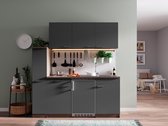 Goedkope keuken 180  cm - complete kleine keuken met apparatuur Oliver - Donker eiken/Grijs - keramische kookplaat  - koelkast          - mini keuken - compacte keuken - keukenblok met apparatuur