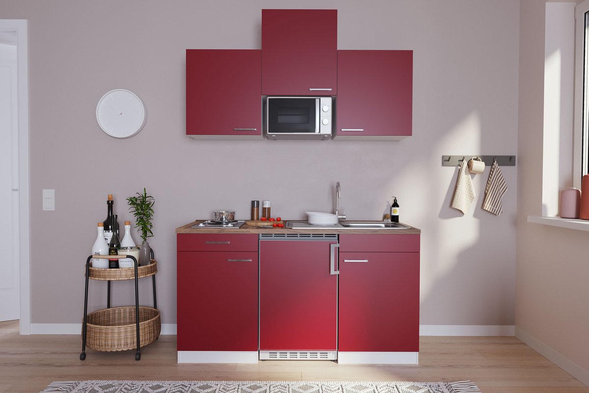 Respekta® Keukenblok 150 cm complete kleine keuken met apparatuur Rood Moderne keuken Luis elektrische kookplaat koelkast magnetron mini keuken compacte keuken keukenblok met apparatuur