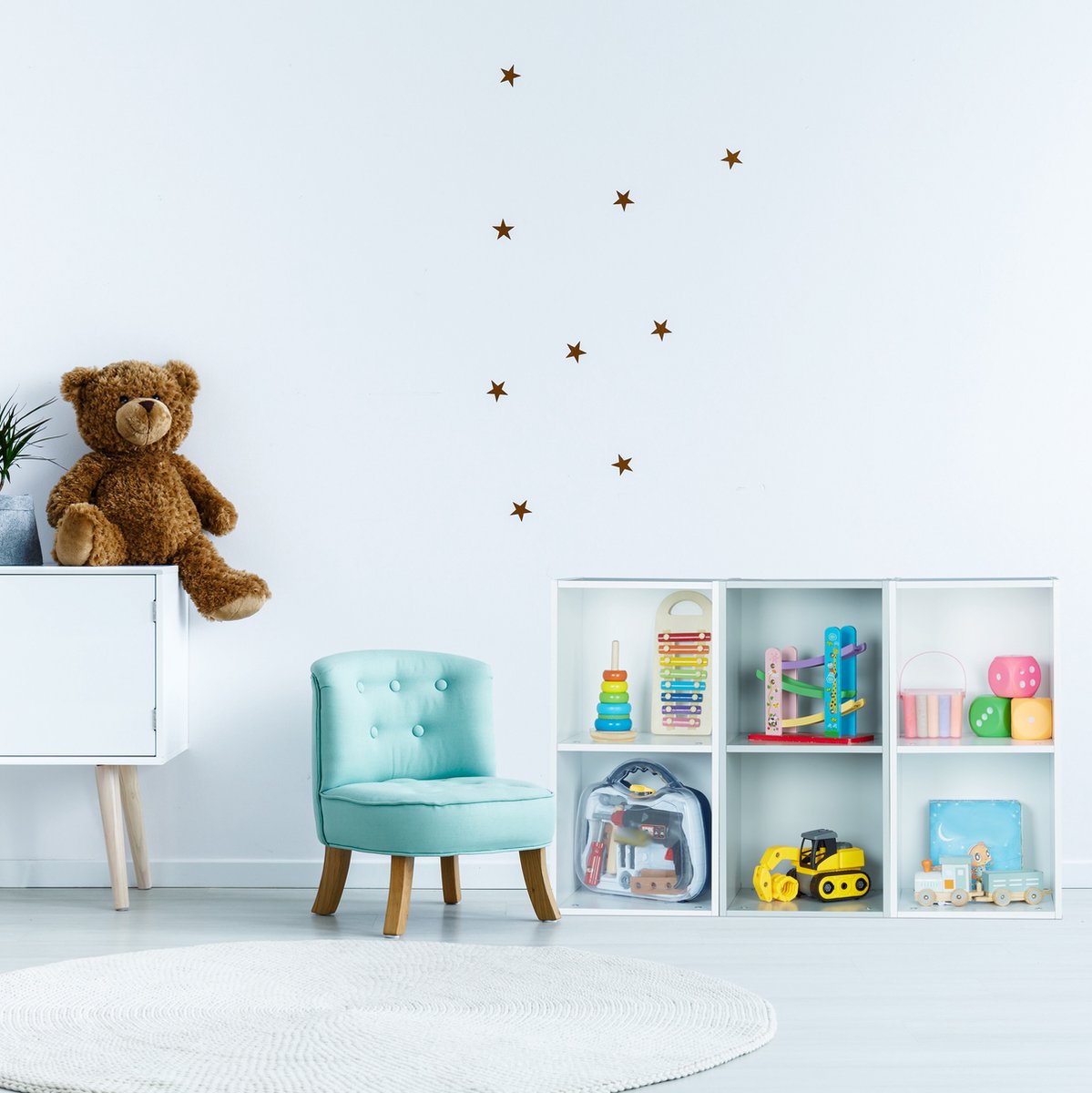 COSTWAY Boekenkast voor kinderen, wandrek van hout met 2 planken en 6 open vakken, wandgemonteerd dinosaurus-kinderrek voor kinderkamer, speelkamer, kleuterschool