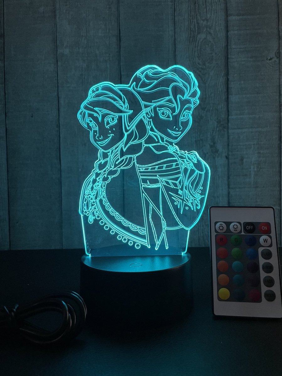 Klarigo® Nachtlamp – 3D LED Lamp Illusie – 16 Kleuren – Bureaulamp – Disney – Sfeerlamp Frozen – Anna Elza - Nachtlampje Kinderen – Creative lamp - Afstandsbediening