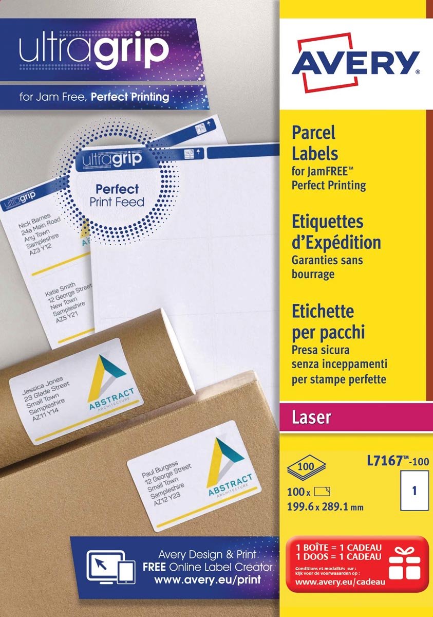 Avery L7167, Verzendetiketten, Laser, Ultragrip, wit, 100 vellen, 1 per vel, 199,6 x 289,1 mm 5 stuks