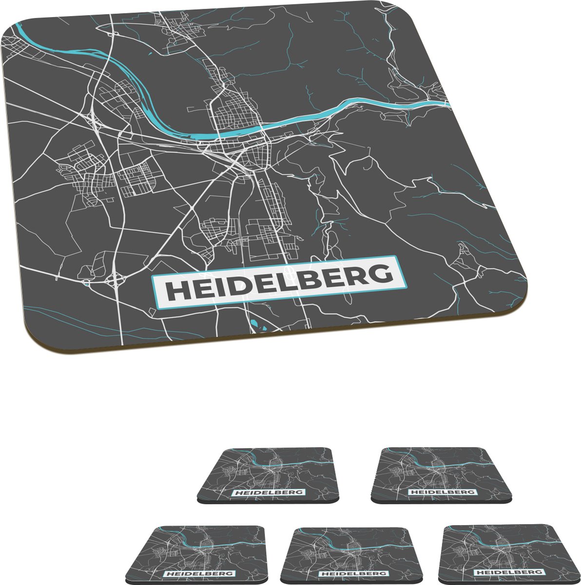 Onderzetters voor glazen - Stadskaart – Plattegrond – Duitsland – Blauw – Heidelberg – Kaart - 10x10 cm - Glasonderzetters - 6 stuks