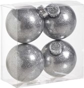 4x stuks kunststof kerstballen met glitter afwerking zilver 8 cm - glitter finish - Kerstversiering/boomversiering