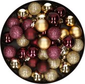 Kleine kunststof kerstversiering 40x stuks set en 3 cm kerstballen in het goud en aubergine - Voor kleine kerstbomen