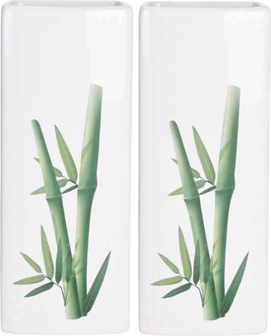 Luchtbevochtiger voor radiator - 2x - bamboe blad print - wit - dolomiet - 8 x 4 x 21 cm - waterverdamper