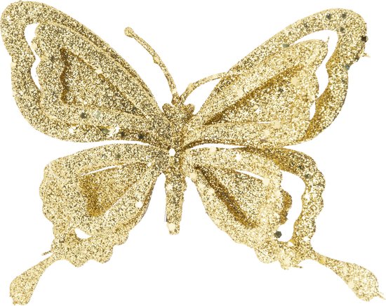 3x stuks decoratie vlinders op clip glitter goud 14 cm - Bruiloftversiering/kerstversiering decoratievlinders