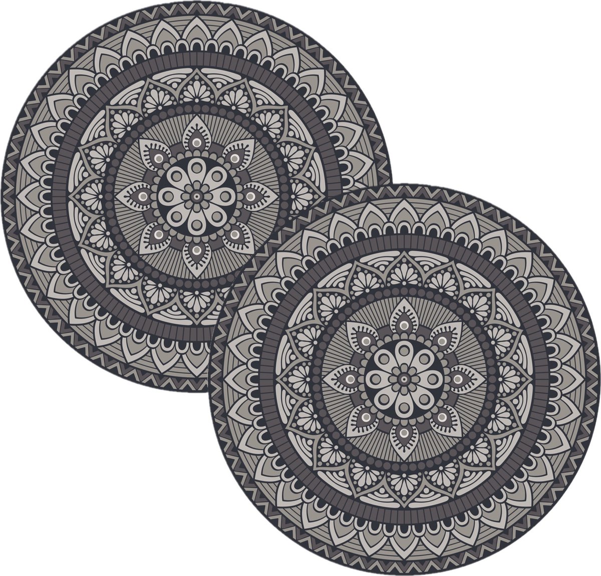 2x stuks mandela stijl ronde grijze placemats van vinyl D38 cm - Antislip/waterafstotend - Stevige top kwaliteit