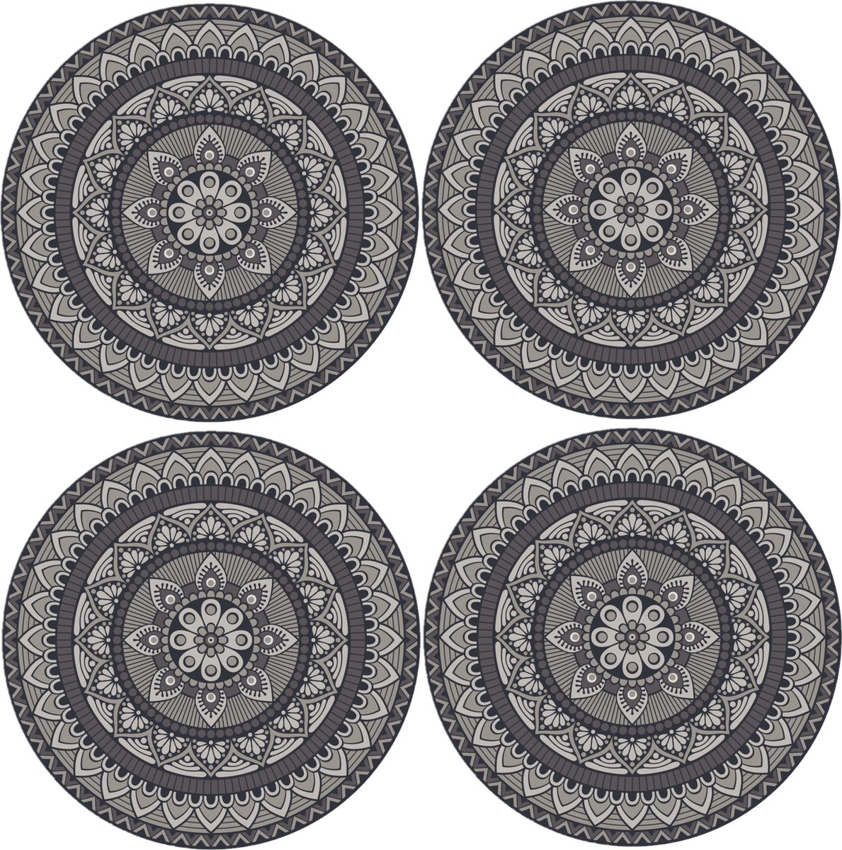 8x stuks mandela stijl ronde grijze placemats van vinyl D38 cm - Antislip/waterafstotend - Stevige top kwaliteit