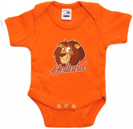 Barboteuse fan Oranje pour bébés - Holland avec lion de bande dessinée - Supporter des Nederland - Fête du Roi / Championnat d'Europe / Coupe du monde barboteuse / outfit 56 (1-2 mois)