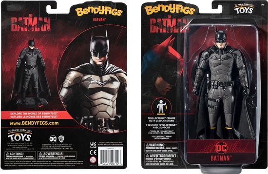 Batman Bendyfig speelfiguur in verpakking, met op de achterkant afbeeldingen van het figuur.
