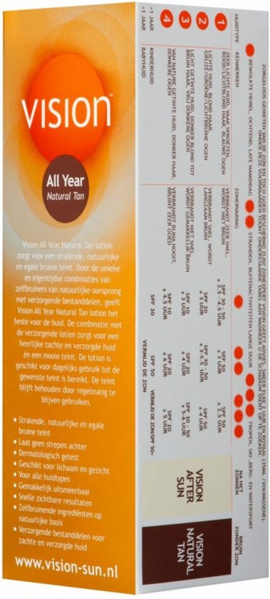 Verpakking van Vision All Year Natural Tan zelfbruiner met oranje cirkel en productinformatie.
