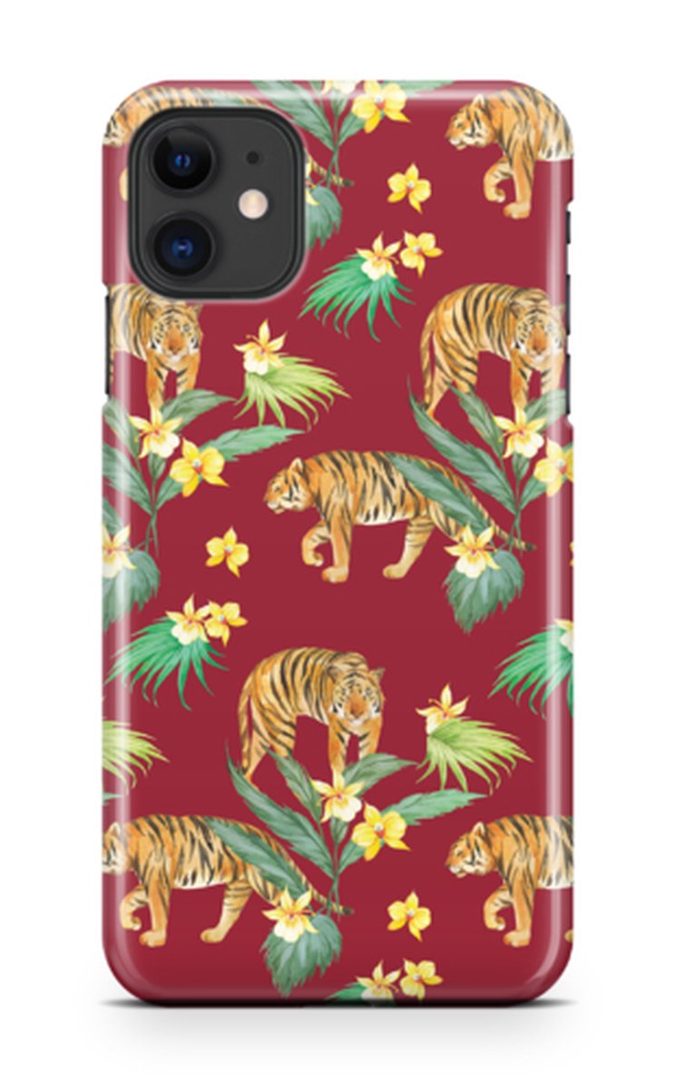 Telefoonhoesje geschikt voor Apple iPhone 11 - Premium Hardcase - Dun en glanzend - Dierencollectie - Floral Tigers - Rood