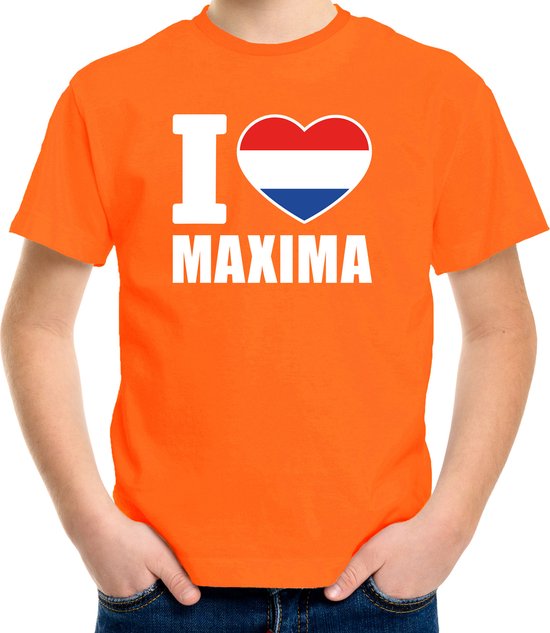 Oranje I love Maxima shirt kinderen - Oranje Koningsdag/ Holland supporter kleding 134/140