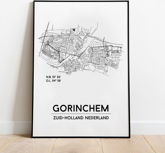 Gorinchem city poster, A3 (30x40 cm) met lijst, plattegrond poster, woonplaatsposter, woonposter