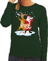 Foute kersttrui / sweater dronken kerstman en rendier Rudolf na kerstborrel/ feest groen voor dames - Kersttruien M
