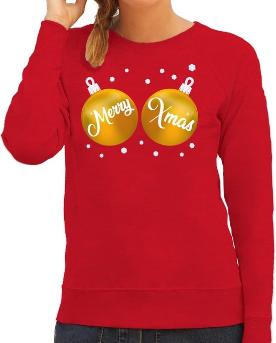 Foute kersttrui / sweater rood met gouden Merry Xmas borsten voor dames - kerstkleding / christmas outfit 2XL