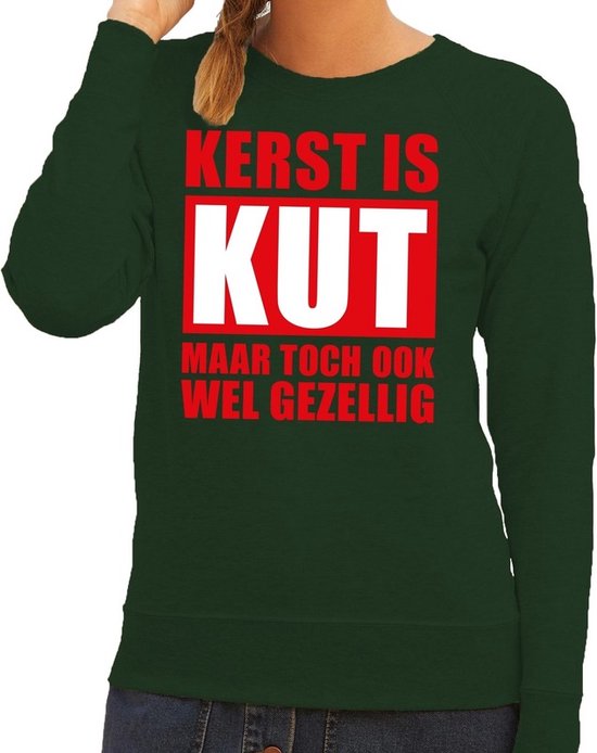 Bellatio Decorations Foute Kersttrui - Kerst is kut maar toch ook wel gezellig - groen - voor dames S