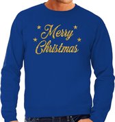 Foute Kersttrui / sweater - Merry Christmas - goud / glitter - blauw - heren - kerstkleding / kerst outfit XL