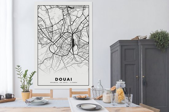 Impression sur Toile Carte - Carte - France - Plan de Ville - Douai - Zwart et Blanc - 120x180 cm - Décoration murale XXL