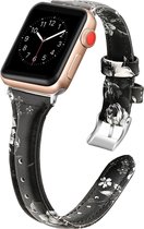 Leren bandje - geschikt voor Apple Watch series 1/2/3/4/5/6/7/8/9/SE/SE 2/Ultra/Ultra 2 met case size 42 mm / 44 mm / 45 mm / 49 mm - zwart-wit bloesem