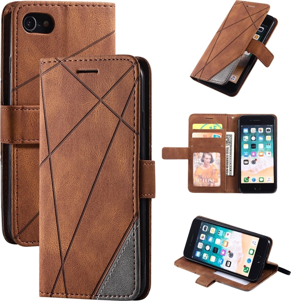 Mobigear Telefoonhoesje geschikt voor Apple iPhone SE (2022) Hoesje | Mobigear Rhombus Bookcase Portemonnee | Pasjeshouder voor 2 Pasjes | Telefoonhoesje voor Pinpas / OV Kaart / Rijbewijs - Bruin