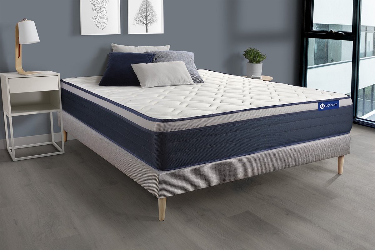 Complete boxspring met matras tweepersoons- Actisom Actiflex max grijs - Pocketveren en traagschuim - 120 x 195 cm