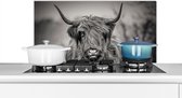 Spatscherm keuken 80x40 cm - Kookplaat achterwand Schotse Hooglander - Portret - Zwart Wit - Muurbeschermer - Spatwand fornuis - Hoogwaardig aluminium