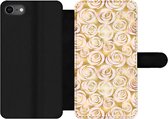 Bookcase Convient pour coque de téléphone iPhone SE 2020 - Imprimé marbré - Or - Roses - Motifs - Avec compartiments - Étui portefeuille avec fermeture magnétique